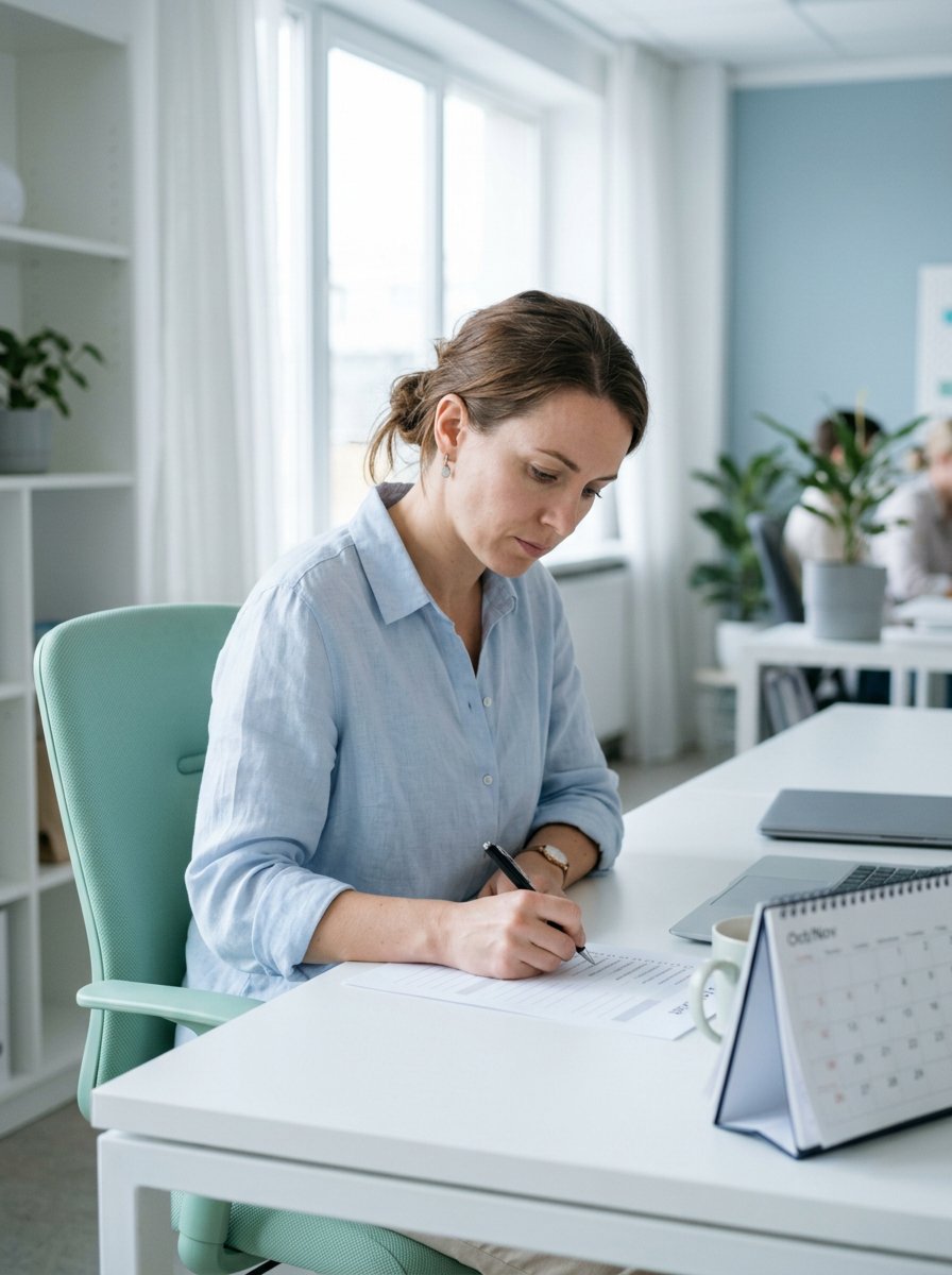 An employee at her desk going through a list beside a desk calendar