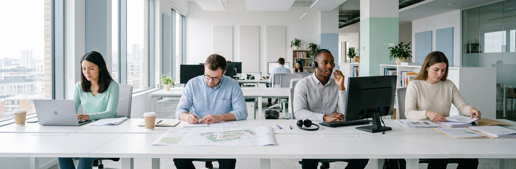 Four colleagues along a long desk, each working on a different step of the move