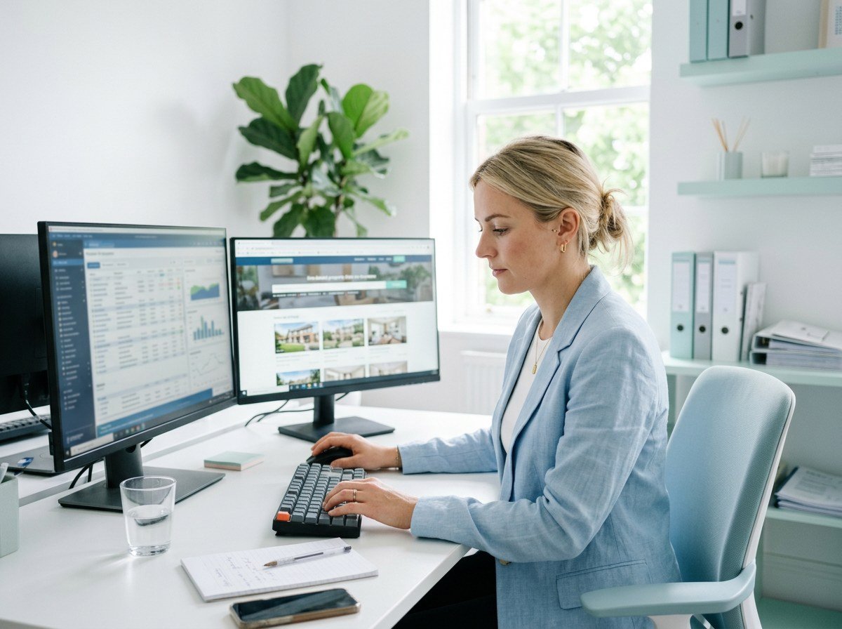 An estate agent at her desk, the software on the left screen and the published website on the right