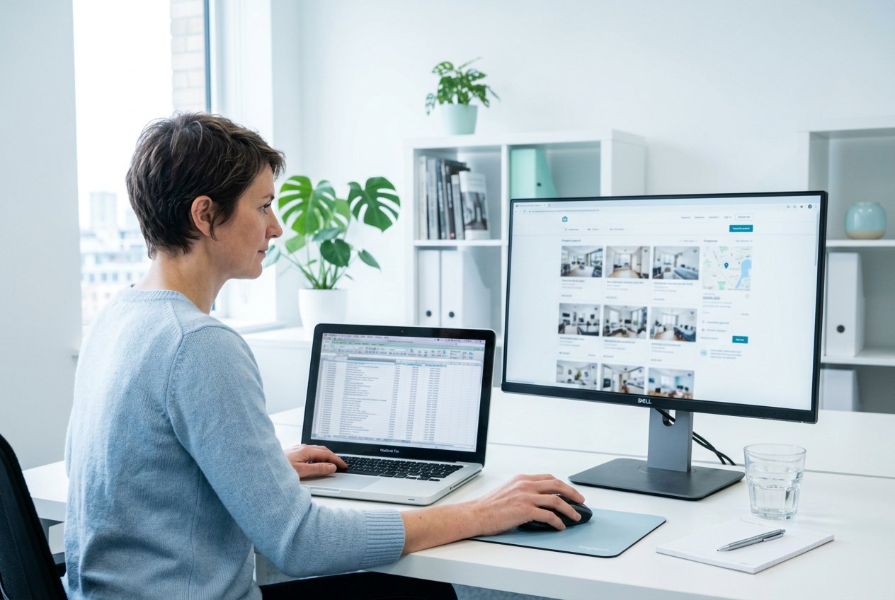 Maklerin am Schreibtisch, links ein älterer Laptop mit einer Objektliste, rechts die neue Website auf einem großen Bildschirm