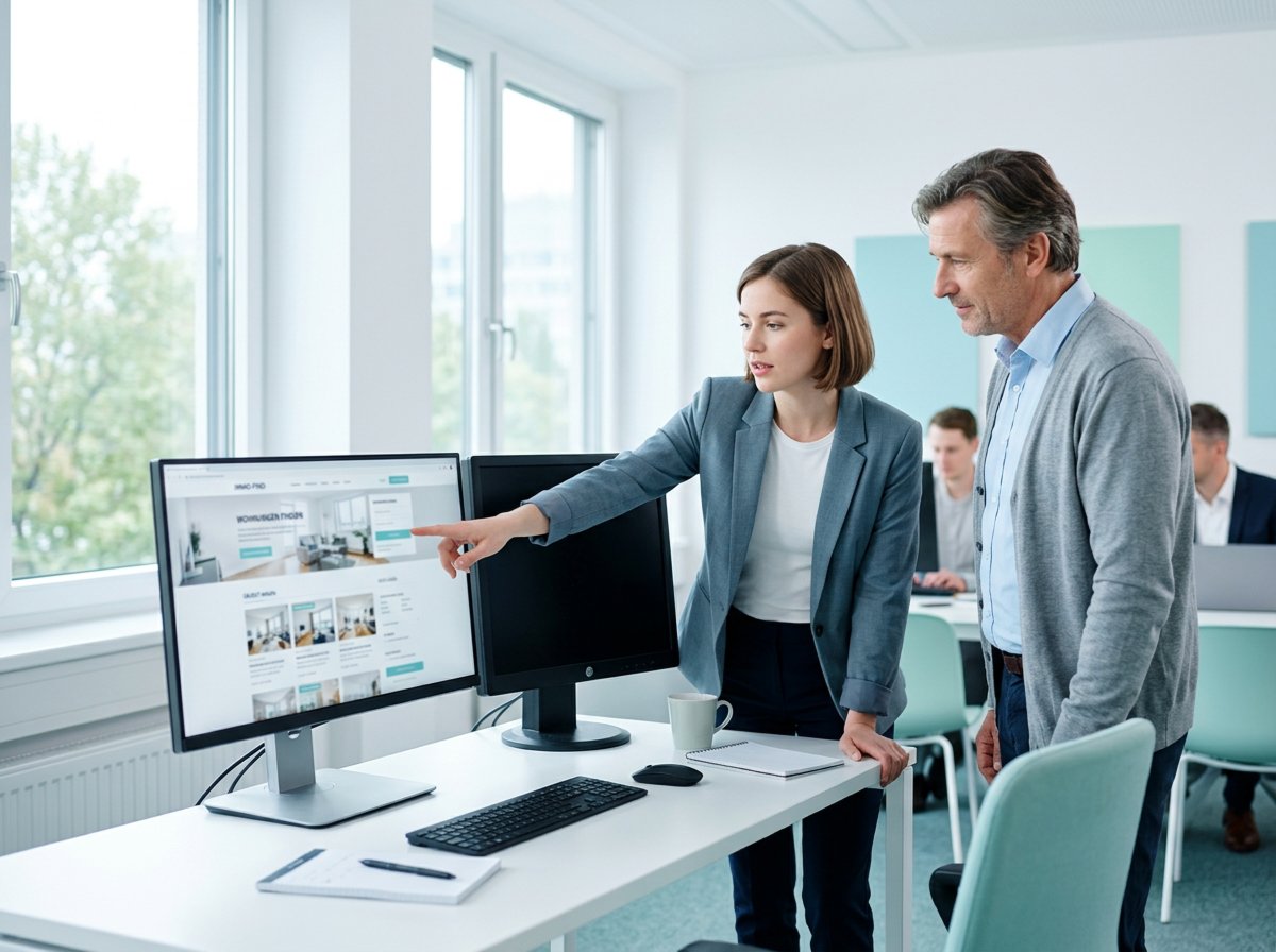 Two colleagues in an office in front of two screens, the new agent website on the left one, the right one switched off