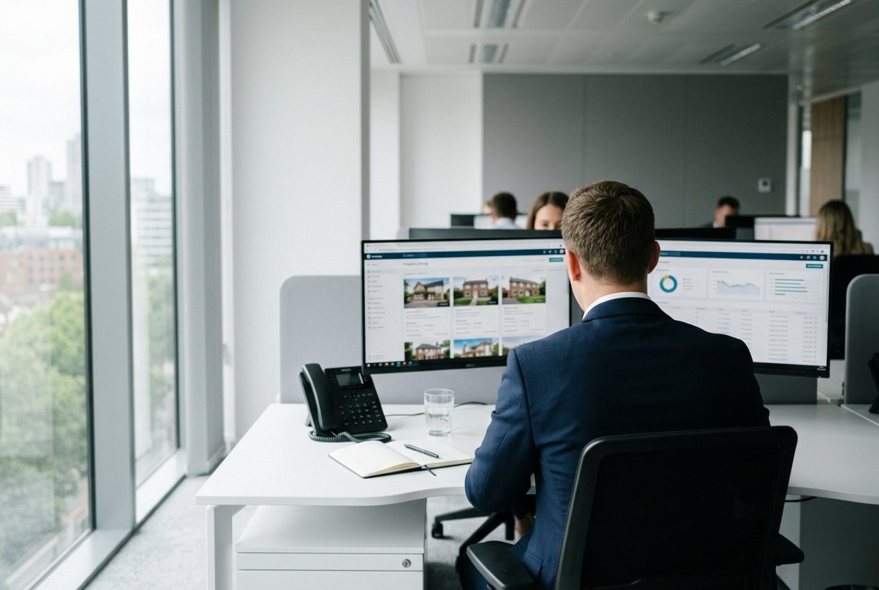 Makler am Schreibtisch mit zwei Bildschirmen, links das Exposé im Browser, rechts die Verwaltung