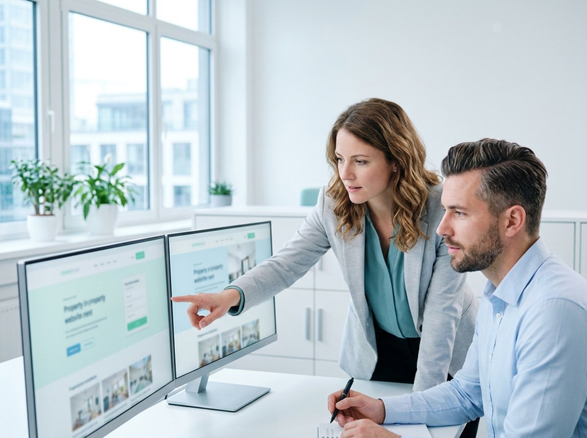 Zwei Kollegen im Büro vergleichen auf zwei Bildschirmen die alte und die neue Maklerwebsite