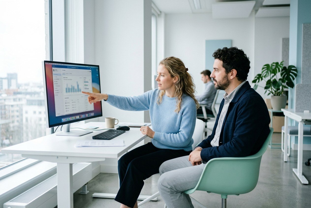 Two colleagues in an office discussing something on the screen of the software
