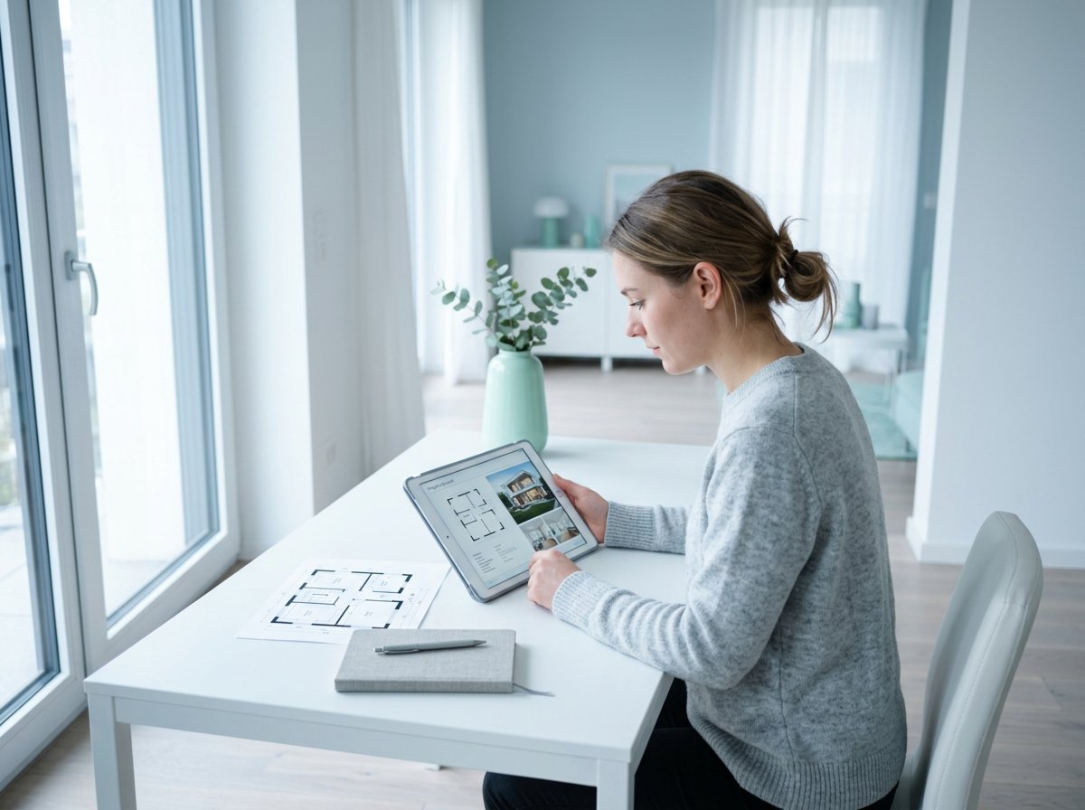 A prospect looking at an exposé on a tablet, a printed floor plan beside it