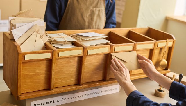 Neu, Kontaktiert, Qualifiziert — jede Anfrage wandert durch die Fächer