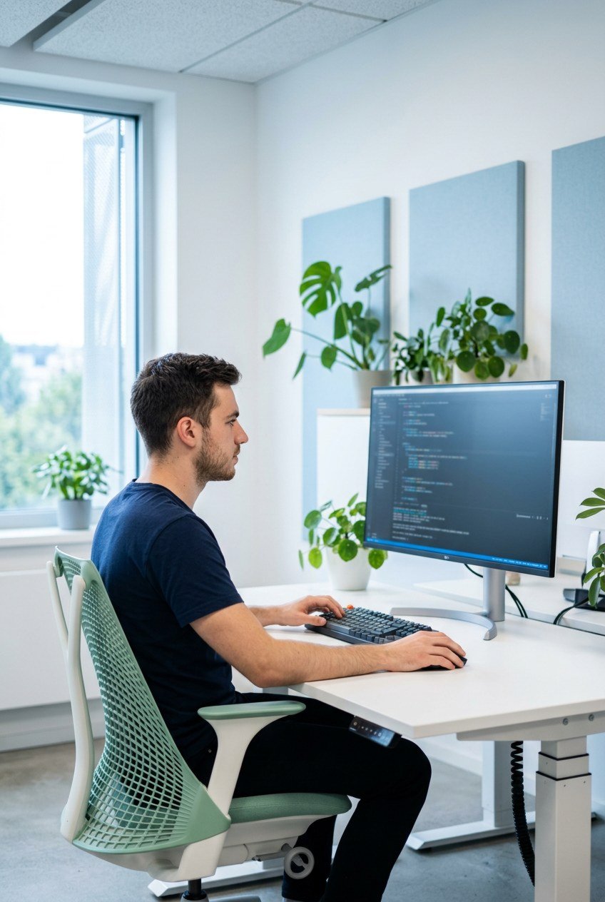 Entwickler am Schreibtisch in einem hellen Büro vor einem Bildschirm mit Quelltext
